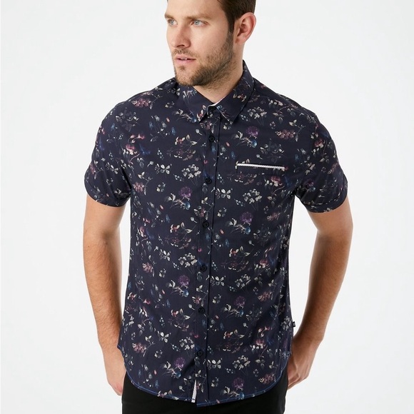 7 Diamonds Navy Floral Short Sleeve Button Up Shirt Size Large - Picture 1 of 5